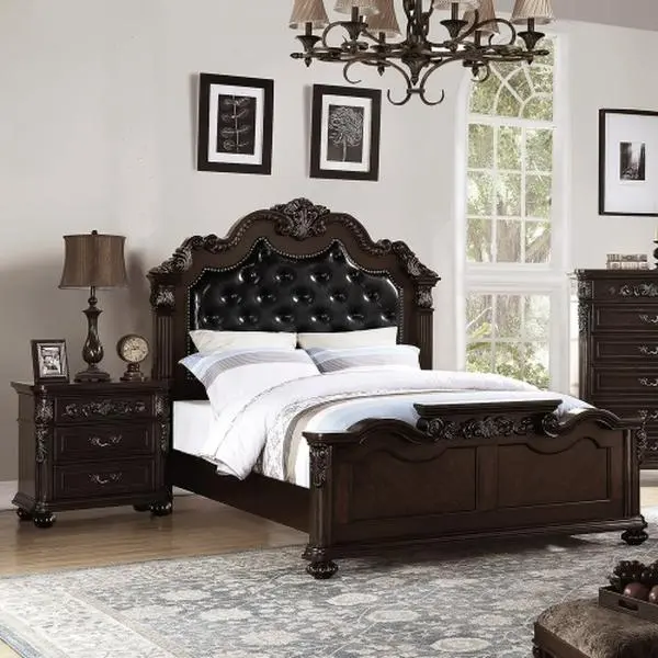 3-Piece Traditional Antique Cherry Queen Size Bedroom Set, Gorgeous Bed with Plush Synthetic Leather Headboard, 2 Bedside Tables