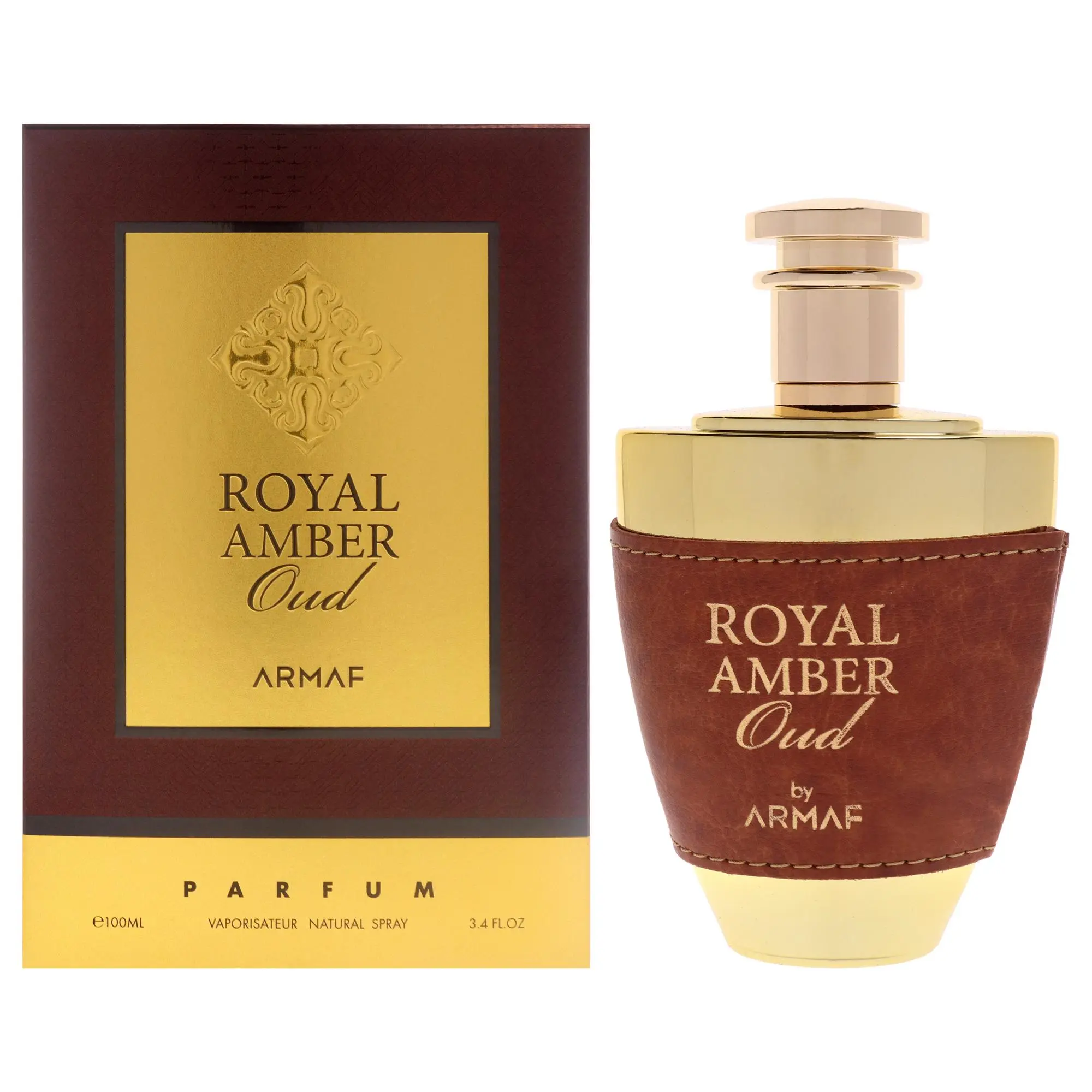 Armaf Royal Amber Oud Luxury Unisex Fragrance - 3.4 oz (100ml) Parfum Spray Bottle with Leather Wrap