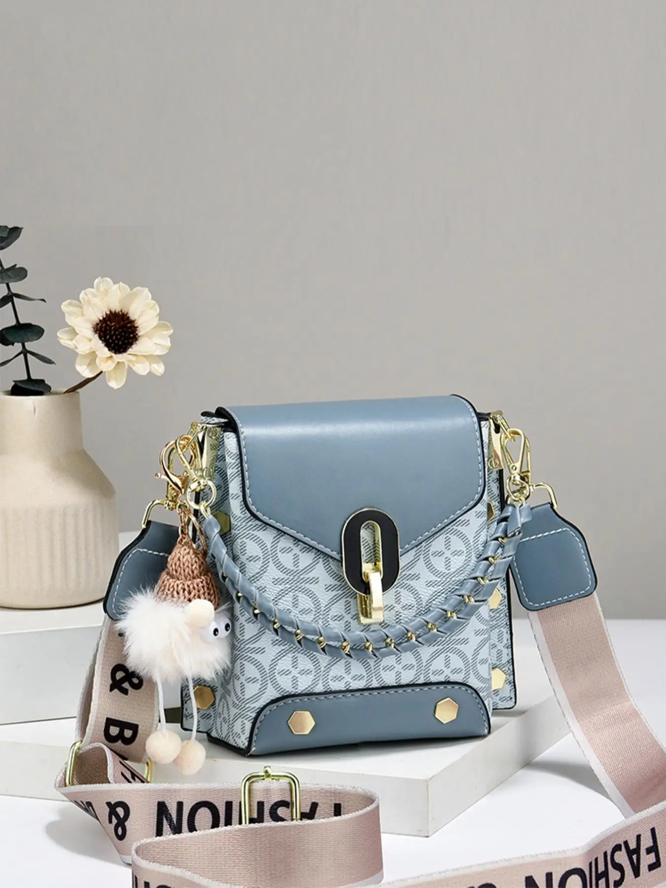 Fashion Geometric Pattern PU Leather Crossbody Bag with Cute Charm, Buckle Decor Designer Crossbody Bag for Women, Trendy All-match Commuter Bag
