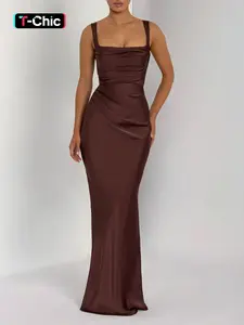 Pure Color Satin Adjustable Straps Square Neck Sleeveless Dress, Elegant Evening Gown with Waist Cinching and Back Tie, Slim-Fitting Long Dress