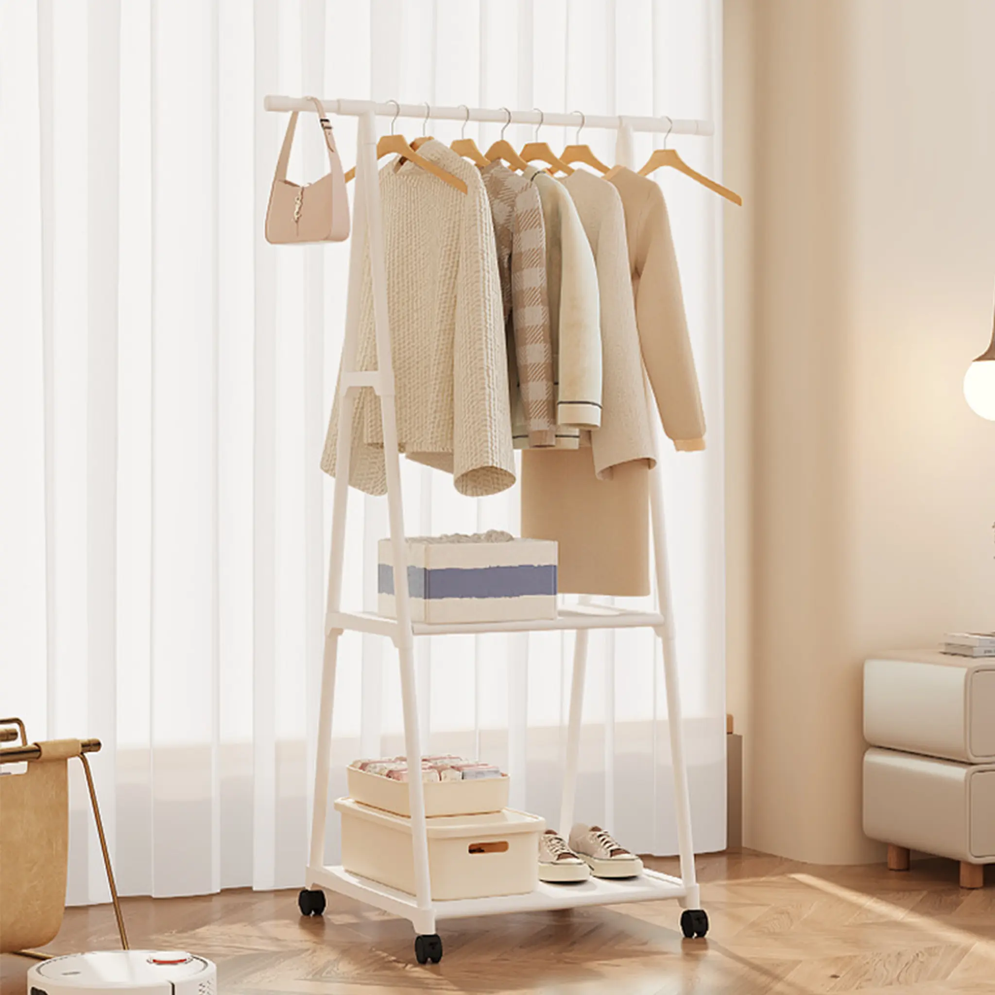 Rolling Garment Rack with 2-Tier Shelves, Freestanding A-Frame Clothes Rack on Wheels, Minimalist Bedroom Mobile Closet & Coat Stand