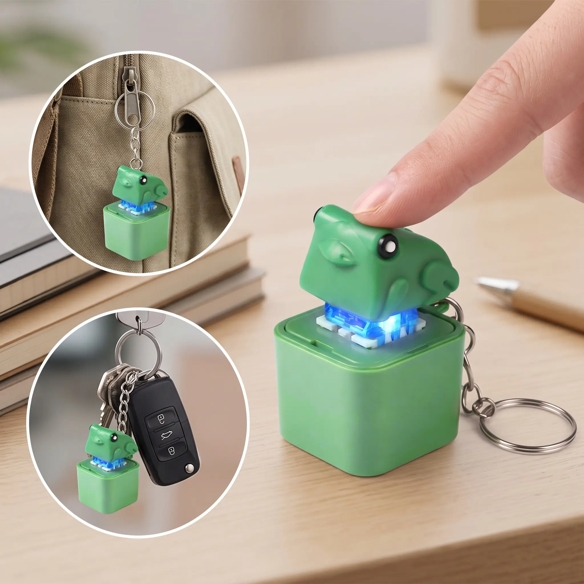 Portable Rechargeable Keychain Frog Toy - LED Light, Squeaky Sound, Keyboard Clicker Fidget Toy, Unisex Stress Relief Gift for Kids, Clicker Fidget Toys