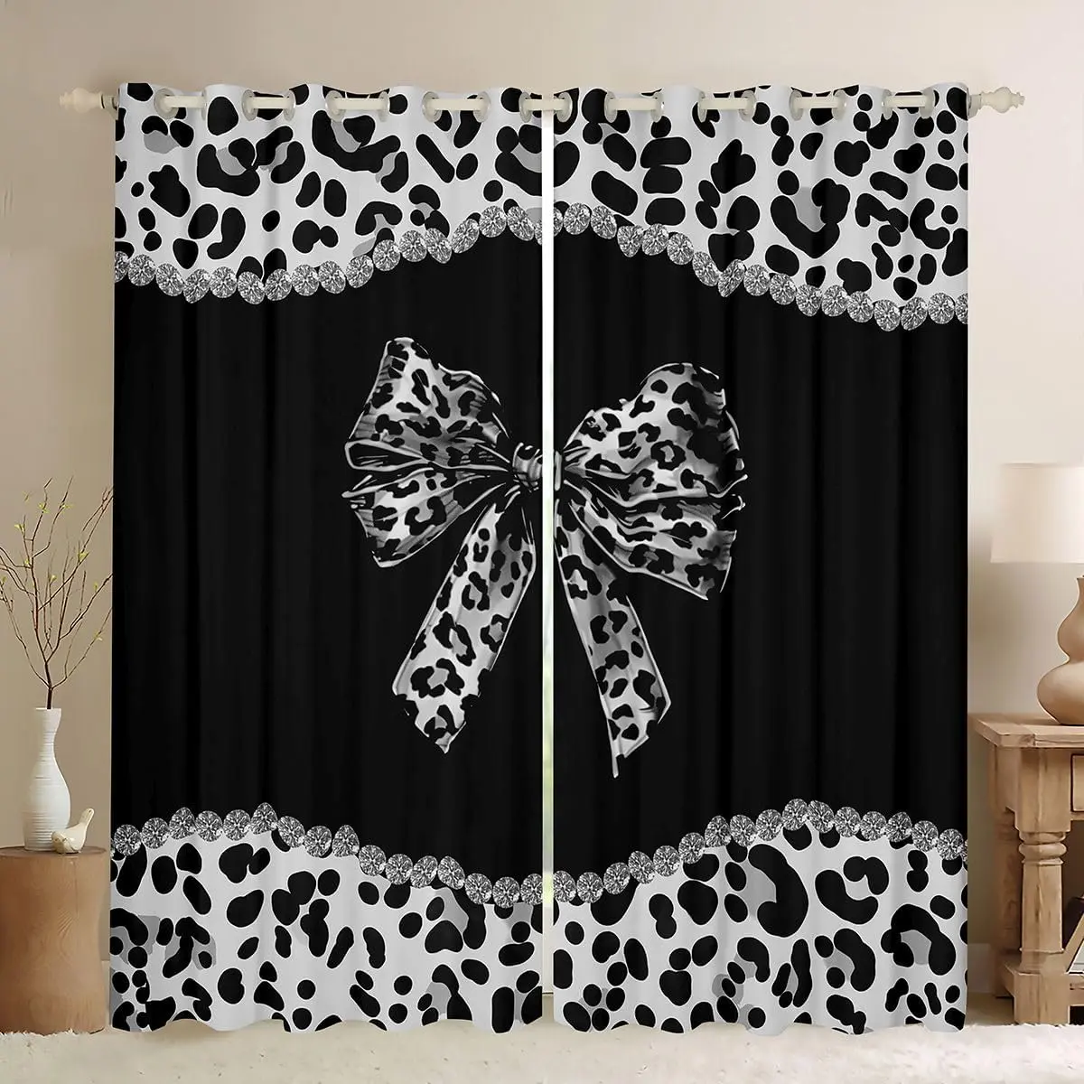 African Cheetah Bow Blackout Curtains Women | Leopard Coquette Bow Window Curtains 2 Panel Sets Gray Black Modern Fashion Window Treatments Drapes Leopard Print Bowknot Decor
