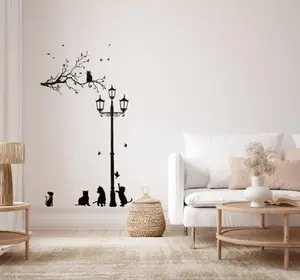 Cats Tree Branch Ligh Street Black Wall Decal, Family Wall Decor with Aesthetic Stickers, Vinyl PVC Peel and Stick