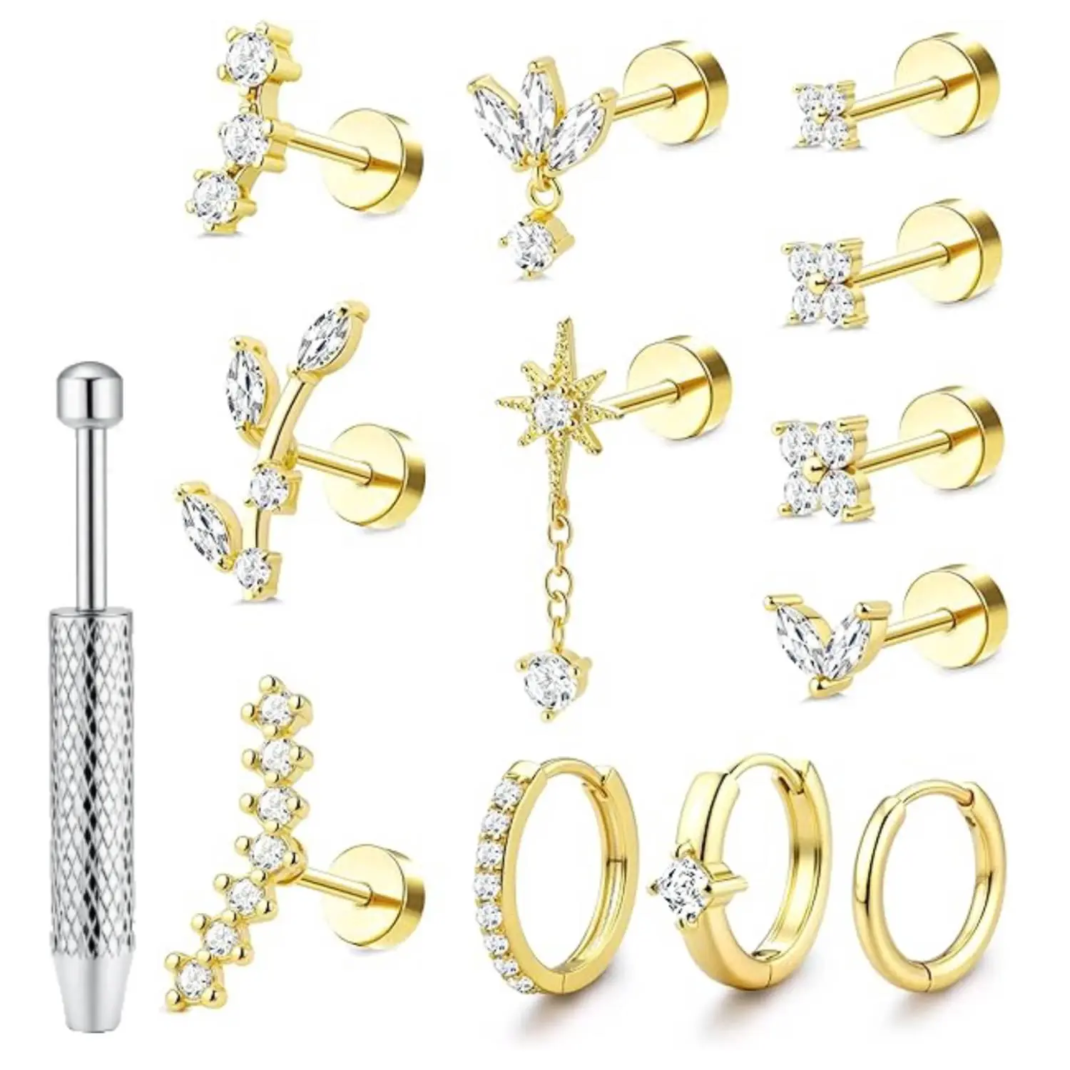 12 Pcs 18K Gold Plated Flat Back Cartilage Earrings Set, 16G Hypoallergenic Surgical Steel Stud & Hoop Piercing Jewelry for Tragus Helix Daith Conch, Earring Stacks for Women, Comes with Earring Grabber Tool