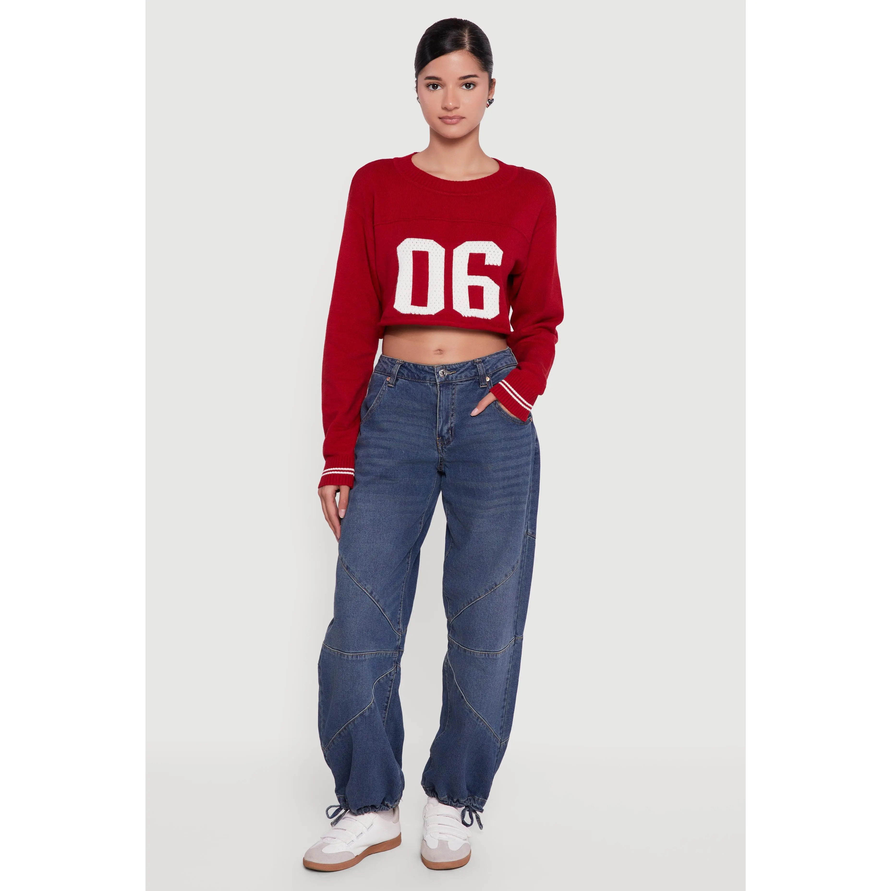 06 Graphic Varsity Stripe Detail Cropped Sweater