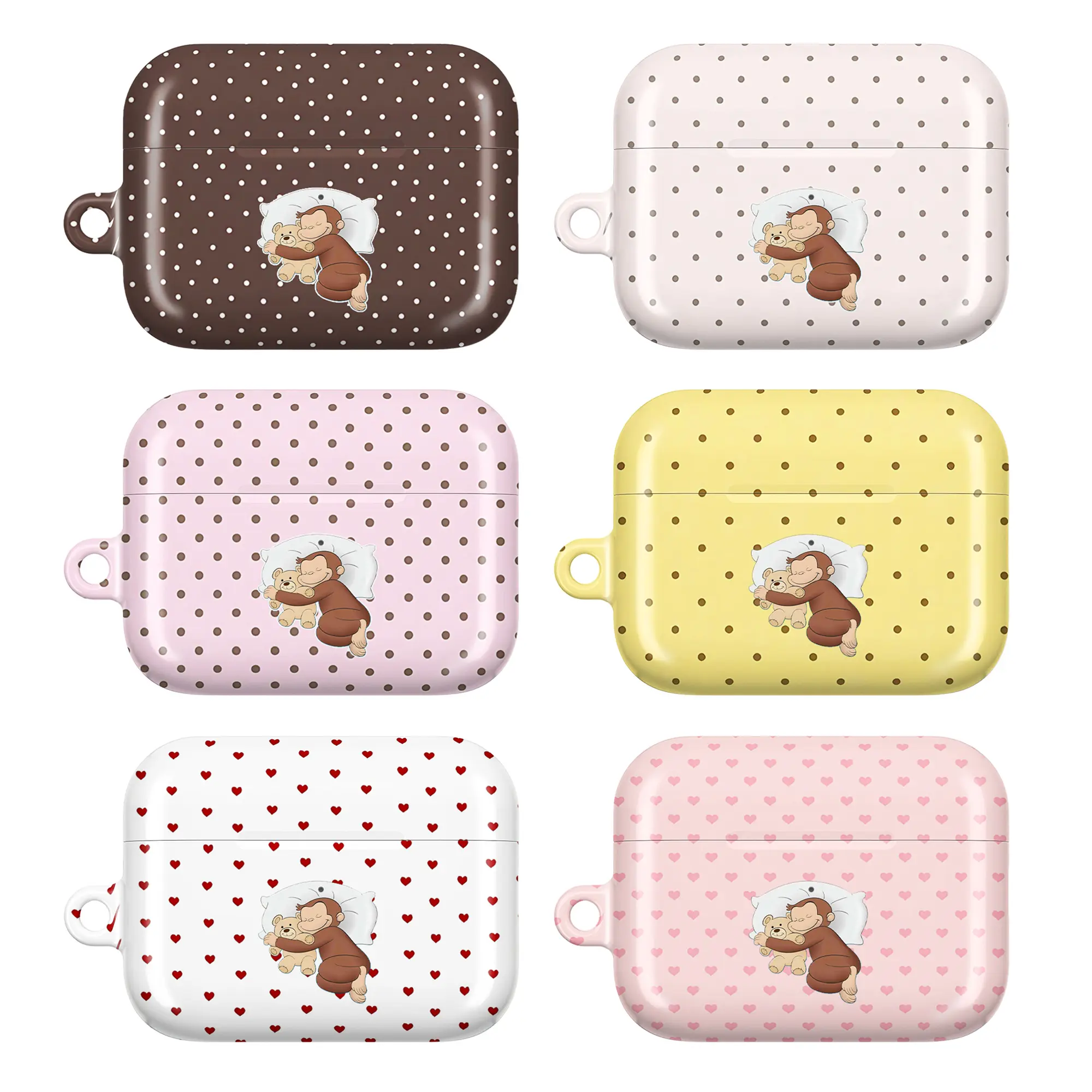 Cute Sleeping Curious George Monkey AirPods Case – Adorable Baby Monkey Hugging Teddy Bear with Polka Dot & Heart Pattern, Kawaii Pastel Aesthetic Protective Cover for AirPods 1 2 3 4 & AirPods Pro 1 / Pro 2 / Pro 3, Sweet Gift for Cute Animal Lovers