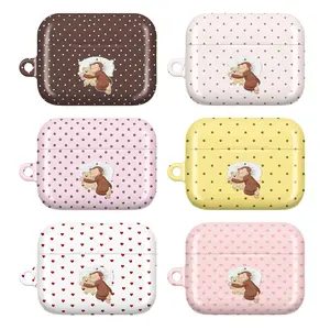 Cute Sleeping Curious George Monkey AirPods Case – Adorable Baby Monkey Hugging Teddy Bear with Polka Dot & Heart Pattern, Kawaii Pastel Aesthetic Protective Cover for AirPods 1 2 3 4 & AirPods Pro 1 / Pro 2 / Pro 3, Sweet Gift for Cute Animal Lovers