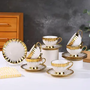 European Style Teacup & Saucer Set, 6 Counts/set Ceramic Coffee Cup & Saucer Set, Drinking Cup for Breakfast, Tea Party, Afternoon Tea, Coffee Cups Gift, Kitchenware