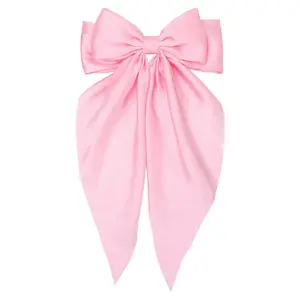 Women's Big Bow Barrette Pink Hair Bow Clip for Girls with Long Ribbon Bowknot Hairpin for Party Everyday Wear Special Occasions Gifts for Women