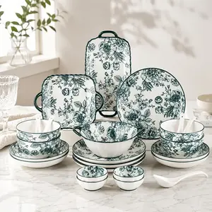 24/36/48-Piece Dinnerware Set with Green Floral Pattern – Perfect for 4/6/8 People, Scratch-Resistant and Durable, Space-Saving Stackable Design, Microwave, Dishwasher, and Oven Safe