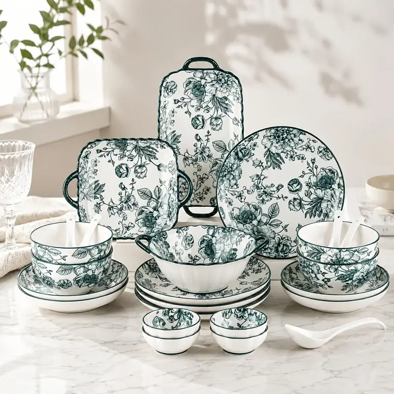 36/48-Piece Dinnerware Set with Green Floral Pattern – Perfect for 4/6/8 People, Scratch-Resistant and Durable, Space-Saving Stackable Design, Microwave, Dishwasher, and Oven Safe