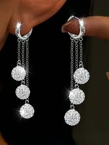 Women's Silver Color Shambhala Ball Tassel Dangle Earrings, Luxury Blingbling Hoops for Holiday & Wedding Gifts, Statement Earrings