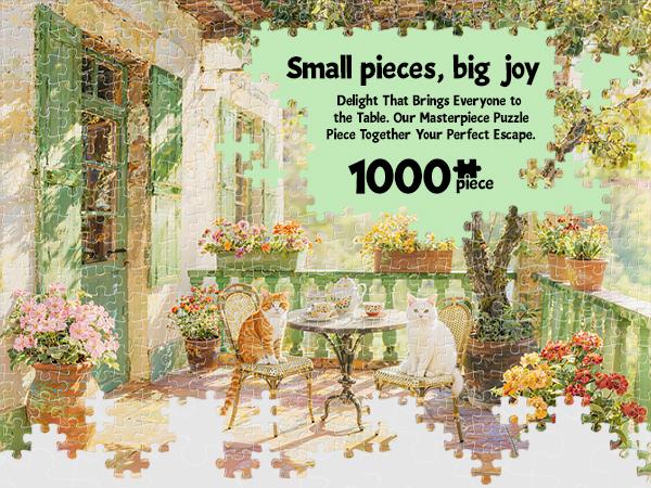 Puzzle for Adults 1000 Pieces,  Cozy French Terrace Jigsaw Puzzles Scene with Cats & Flowers, Challenging Puzzles for Game Night, Relaxing Challenge for Cat Lovers, Aesthetic Wall Art
