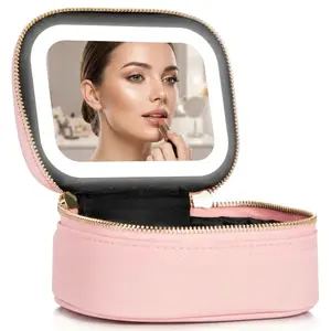 LED Lighted Mirror Cosmetic Bag, Leopard Travel Organizer, Portable Case for Makeup Products with Touch Control Light