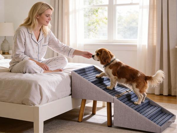 21" Tall Dog Stairs Ramp for Bed | 2-in-1 Wooden Ottoman Dog Ramp, Foldable Pet Steps for Small, Large & Senior Dogs, Helps Protect Joints & Prevent Injury, Stable Solid Wood Feet