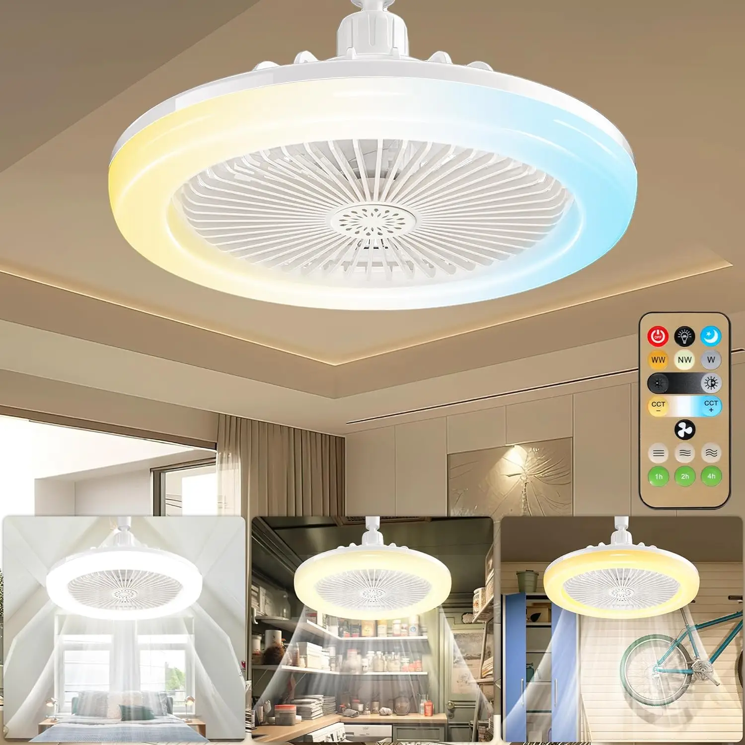 BORNERWHITE Socket Fan Light with Remote Control 3 Colors 3000K-6500K Dimmable LED Light Bulb Fan Screw in Ceiling Fan for Bedroom Kitchen Store Room