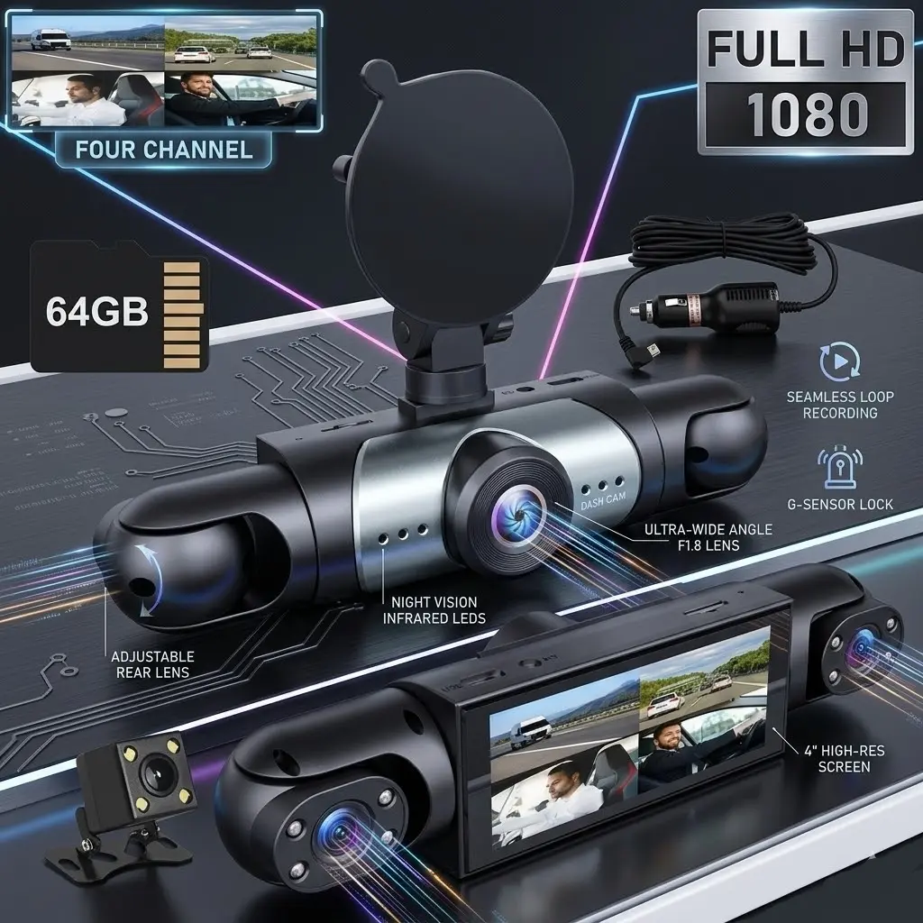 4 Lens Car DVR, 1080P Car DVR with 64G Memory Card【plug and play】,Car Video Surveillance with Night Vision, 24/7 Parking Mode Car DVR, Car DVR Camera Car Driving Recorder