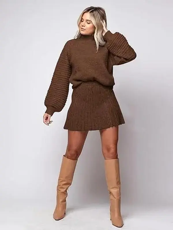 Women Christmas Two Piece Outfits Long Sleeve Mock Neck Ribbed Sweaters Mini Skirt Sets for Daily 2026 Soft Warm Breathable Lightweight Comfy Weekend Vacation Streetwear