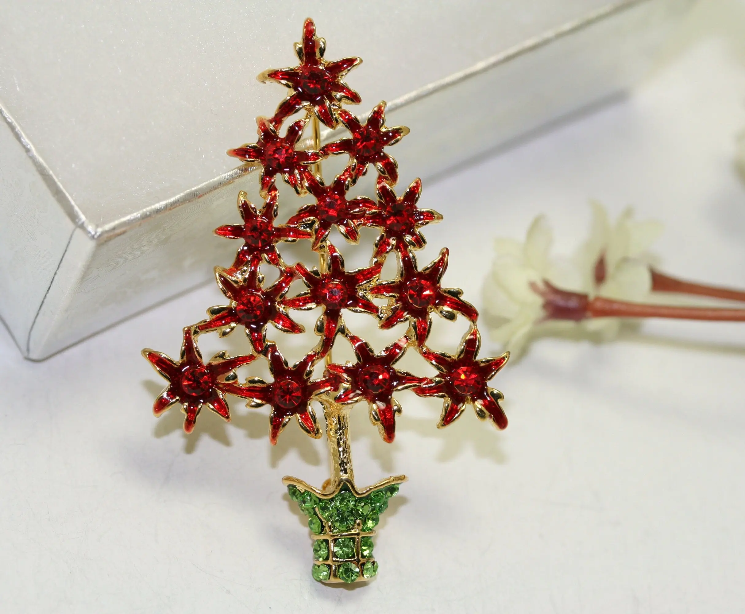 Rhinestone Red Enamel Poinsettia Christmas Tree Brooch - Fashion Accessory, Holiday Decoration, Costume Jewelry Pin