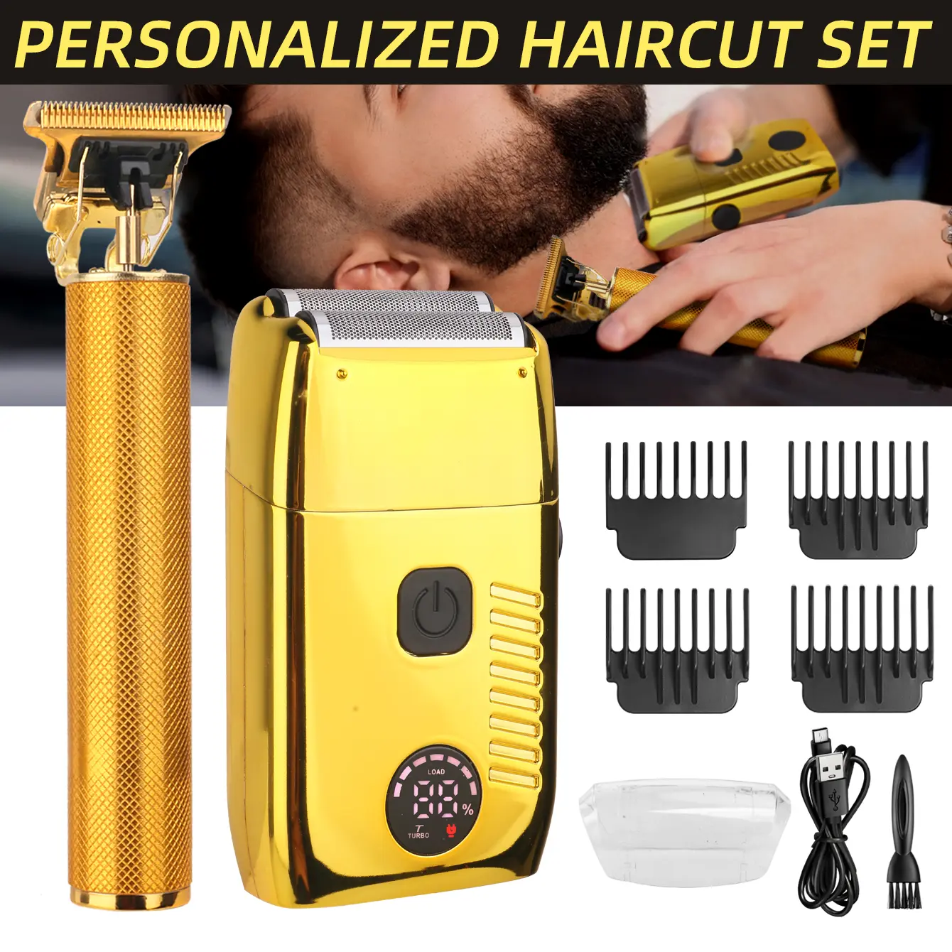 Kikido Luxury Gold Men’s Haircut Set – Professional Cordless Foil Shaver + Trimmer with Guide Combs for Home Salon & Travel, Digital Battery Display, Turbo Mode, USB Charge Precision Grooming