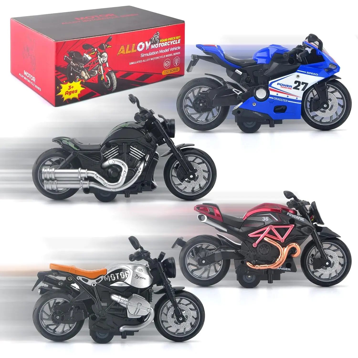 4-Pack Motorcycle Toys for Kids - Pull Back Toy Motorcycle with Sounds & Lights, 1:12 Scale Die Cast Friction Powered Toy Dirt Bike,Birthday Gifts for Toddler Boys Age 3 4 5 6 7 8 Year Old