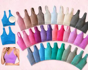Zenana Ribbed Cropped Mineral Washed V Neck Padded Tank Top Brami Bralette 6175, Soft & Stretchy Comfortable Womenswear Crop with removeable pads