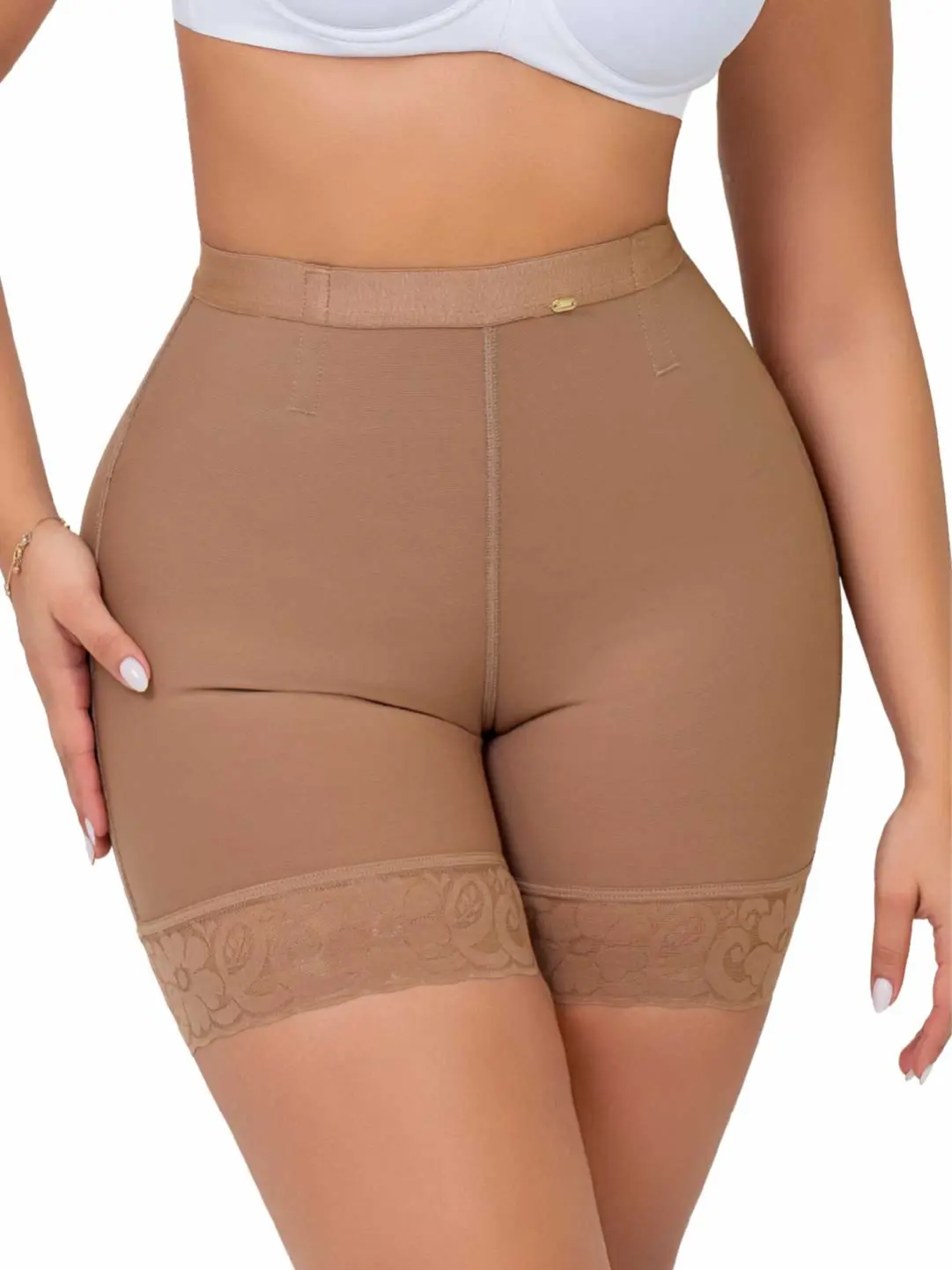 Stagmi SMI04024 Women's Powernet Shapewear Shorts, Mid-Thigh Body Shaper with Triple Butt-Lifting, Tummy Control, Compression and Lace Trim, Butt Lifting Leg Shaping Shorts, Invisible Fit Leg Shaping Shorts