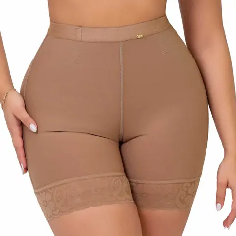 Stagmi SMI04024 Women's Powernet Fabric Fitted Shapewear Shorts - Mid-Thigh, Triple Butt-Lifter, Tummy Control, Compression, Lace Trim, Invisible Fit, Body Contouring, Thong-Compatible, Waist & Leg Shaping - For Dresses, Everyday Wear