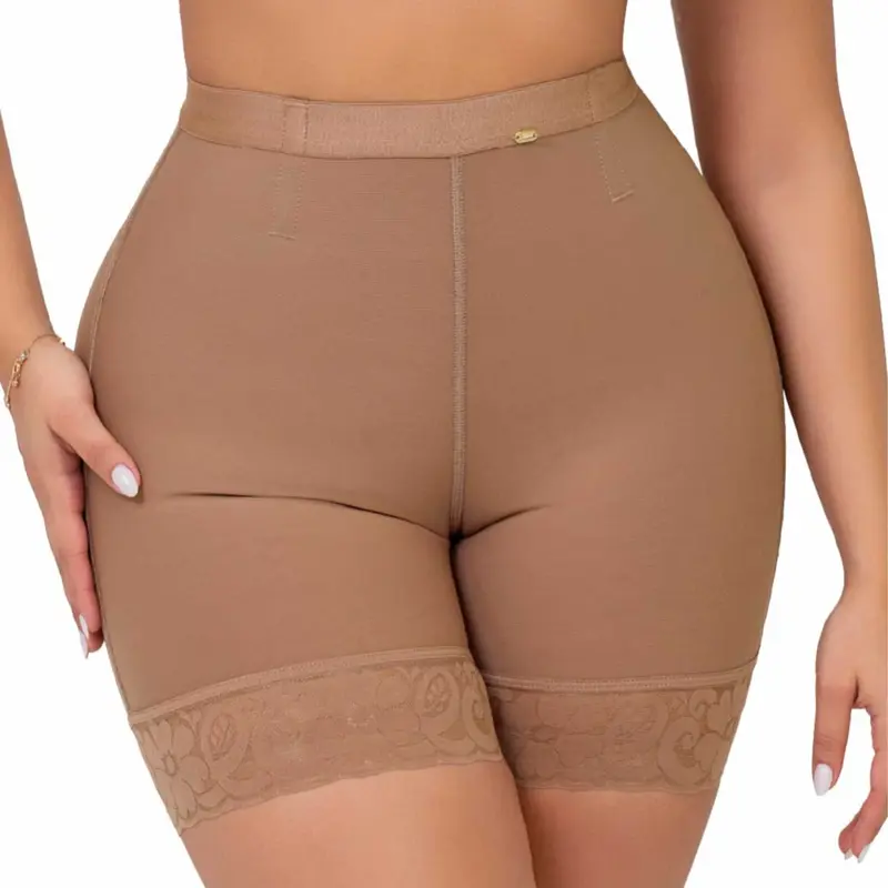 Stagmi SMI04024 Women's Powernet Fabric Fitted Shapewear Shorts - Mid-Thigh, Triple Butt-Lifter, Tummy Control, Compression, Lace Trim, Invisible Fit, Body Contouring, Thong-Compatible, Waist & Leg Shaping - For Dresses, Everyday Wear