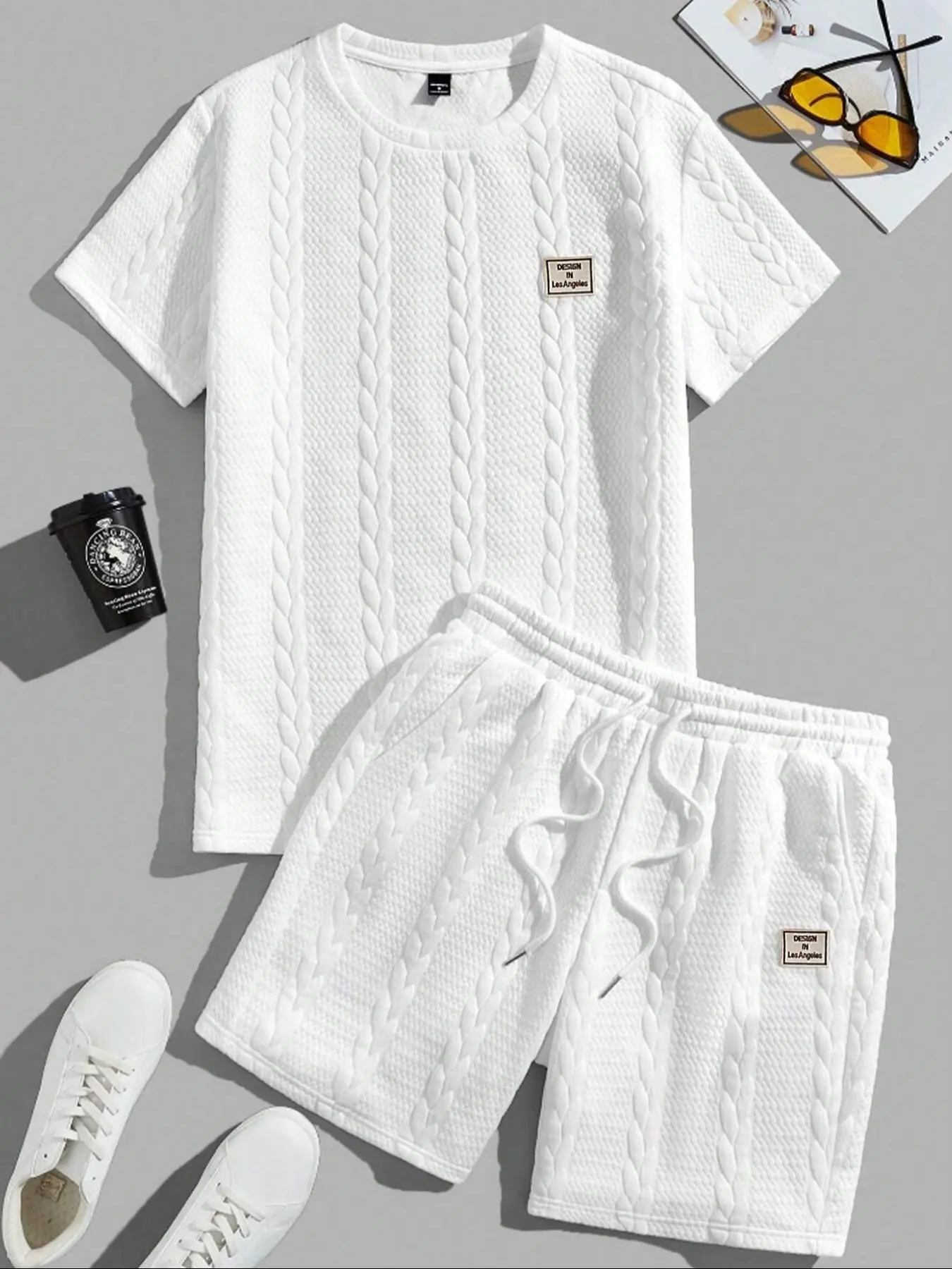 Summer men's jacquard textured fabric round neck short sleeved T-shirt and shorts set, suitable for daily leisure vacation sports style, breathable men's top and shorts Clothes, Matching, Menswear, Suits, Top, Tropical