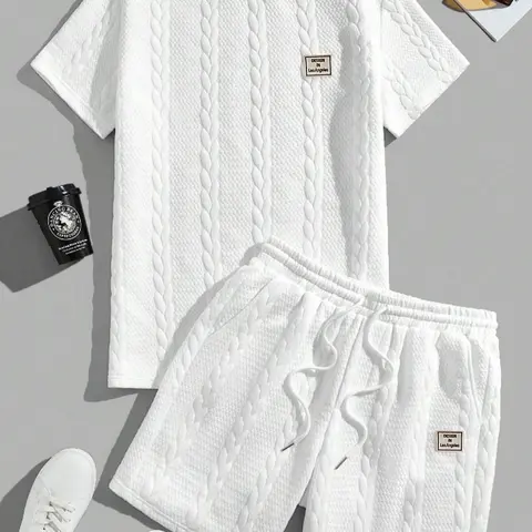 Men's 2-Piece Jacquard Knitting Crew Neck Short-Sleeve Cool Set, Matched Top+Shorts with Sporty Relaxed Fit, Breathable Clothes for Daily Leisure, Vacation