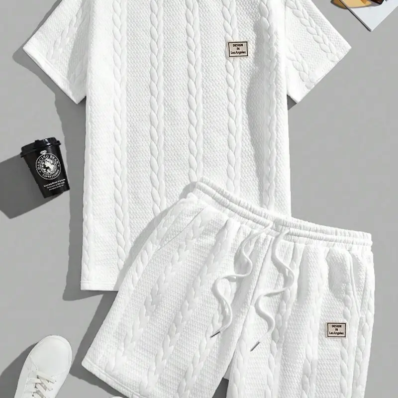 Men's 2-Piece Jacquard Knitting Crew Neck Short-Sleeve Cool Set, Matched Top+Shorts with Sporty Relaxed Fit, Breathable Clothes for Daily Leisure, Vacation