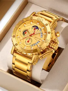 Men's Luxury Full Gold Business Watch Solid Gold Tone Case & Bracelet, Sun-Moon-Phase Complicated Dial, Date Window, Multi-Functional Chronograph, Fashionable Watch, Ideal for Formal Occasions & Premium Gifting