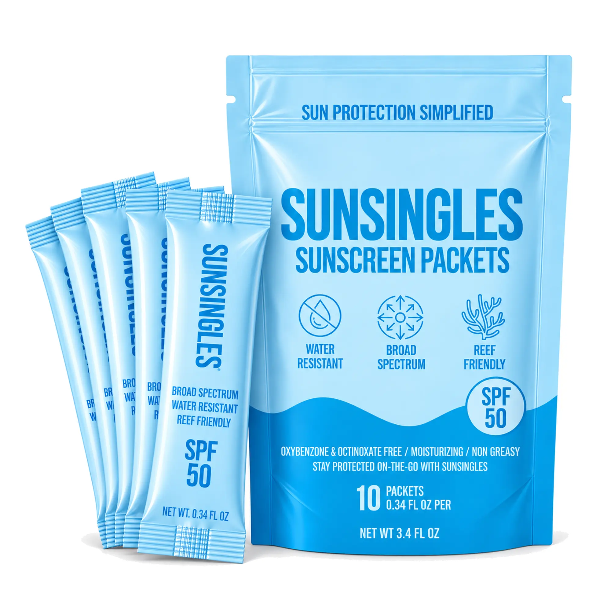 Sunscreen Packets, Travel Size SPF 50 Single-Use Sunscreen - SunSingles Individual Packets, Broad Spectrum, Water Resistant, Non-Greasy, 10 Pack