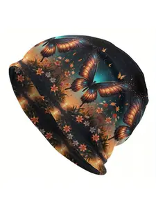 Butterfly Print Lightweight Beanie Cap, Biihudu Brand - Fashionable Knit Hat with Polyester and Elastane, Stretchable Soft He