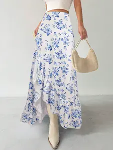 Women's Floral Print High-Waisted Skirt, Spring 2026 New Design, Elegant Long Dress with Side Slit & Ruffle Detail