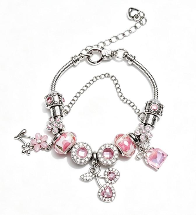 Silver Snake Chain Charm Bracelet with Pink Floral Glass Beads, Rhinestone Cherry, Sakura Flower & Pink Crystal Charms, Adjustable Extension Chain Dainty Flower Jewelry Gift for Women Teen Girls Silver Snake Chain Charm Bracelet with Pink Floral Glass Beads, Rhinestone Cherry, Sakura Flower & Pink Crystal Charms, Adjustable Extension Chain Dainty Flower Jewelry Gift for Women Teen Girls
