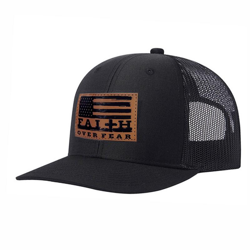 Faith Over Fear Cross Flag Hat Adjustable Baseball Cap Jesus USA Flag Leather Patch Classic Trucker Filler Cap for Men Women Young Fitted Hats Breathable Mesh Back Christmas gift