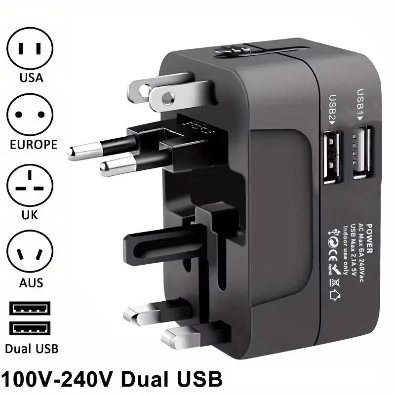 Universal Multifunctional 100-240V Travel Charger AC Power Adapter with Dual USB Ports, Universal Plugs & Sockets for EU-US Power Compatibility, 100-240V Universal