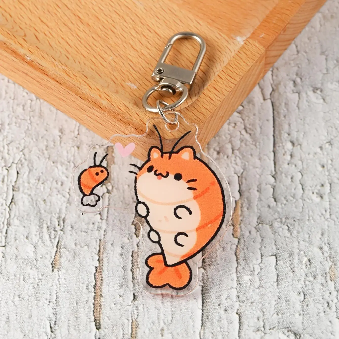 Cute Shrimp Cat Keychain, 2D Flat Acrylic Bag Charm and Backpack Pendant, Novelty Animal Gift for Friends, Cute Keychains, Clip-On Keychain Keychains