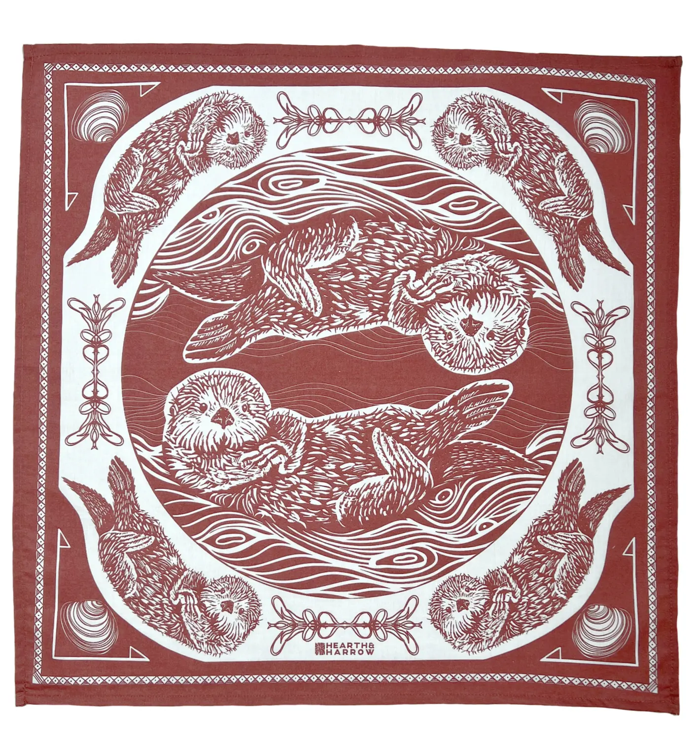Otter bandana - rust brown color - 100% cotton - 22" x 22" - cute animal print - designed in Maine - screen printed - sea otter