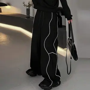 Men's trendy striped casual pants, outdoor street fashion and comfortable breathable sweatpants, side wavy spliced straight-leg pants, polyester fiber material, four-season daily wear