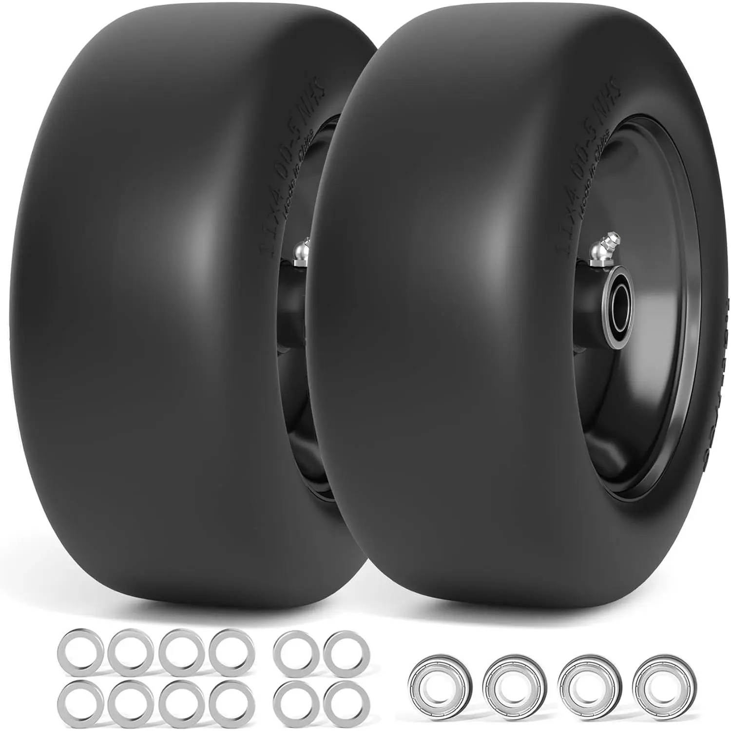 11x4.00-5 Lawn Mower Tires Flat Free, Zero Turn Mower Front Tires, 11x4-5 Solid Tire With 3/4" and 5/8" Precision Bearing, 3.4"-5" Center Hub, 2Pack Black, 350Lbs, For Residential and Commercial