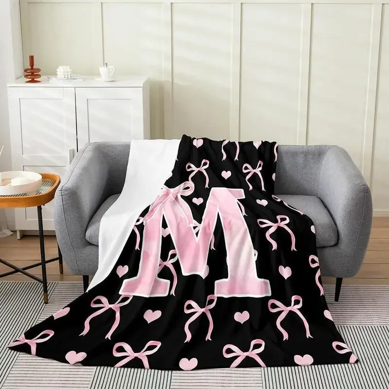 Initial Letter A Z Flannel Blanket Throw Girls Black Pink Alphabet Monogrammed Gifts Daughter Women Teen Girls Customized Blanket Bedding Bedroom Office Multiple Size Personalized Bedroom Decor Soft Lightweight Air Conditioning Summer Dorm