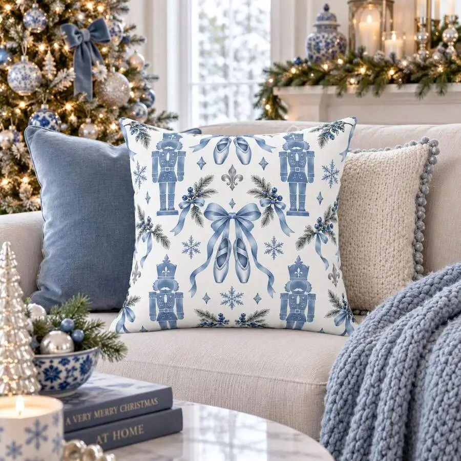 1pc Holiday Nutcracker Decorative Throw Pillow - Classic Christmas Dancer Inspired Decor 18 X 18 Inch Winter Holiday Pattern Linen Pillow With LinenPillow Insert For Sofa Couch - Christmas Item, Christmas Decor