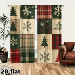 2D Flat 2Pcs Christmas Patchwork Curtains Panel, Rustic Winter Snowflake Pine Tree Pattern, Tartan Plaid Design, Thermal Semi Sheer Window Drapes for Living Room Bedroom Kitchen Home Decor, Holiday Season Treatment