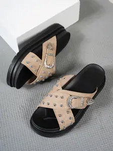 Saturday Thick Sole Flatform Sandals Summer 2026 New Strap Rivet Platform Roman Flats, Casual Textile Upper Rubber Material, Less Than Ankle Height