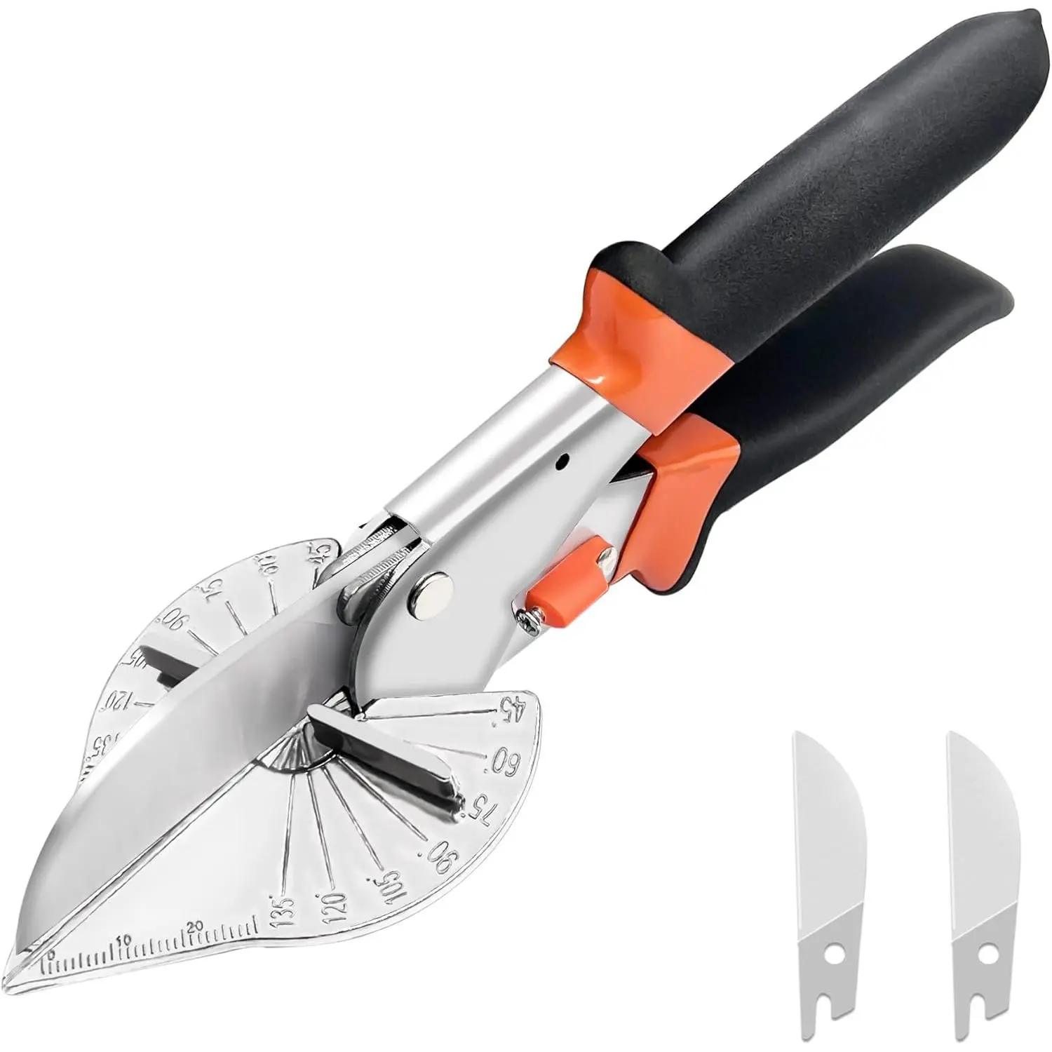 Multi Angle Miter Shear Hand Tool - PVC Pipe Cutter with Adjustable Angles (45-135 Degrees), Engraved Scale, Trim Cutting for Soft Plastic, Moulding Trim, Quarter Round, 2 Extra Blades