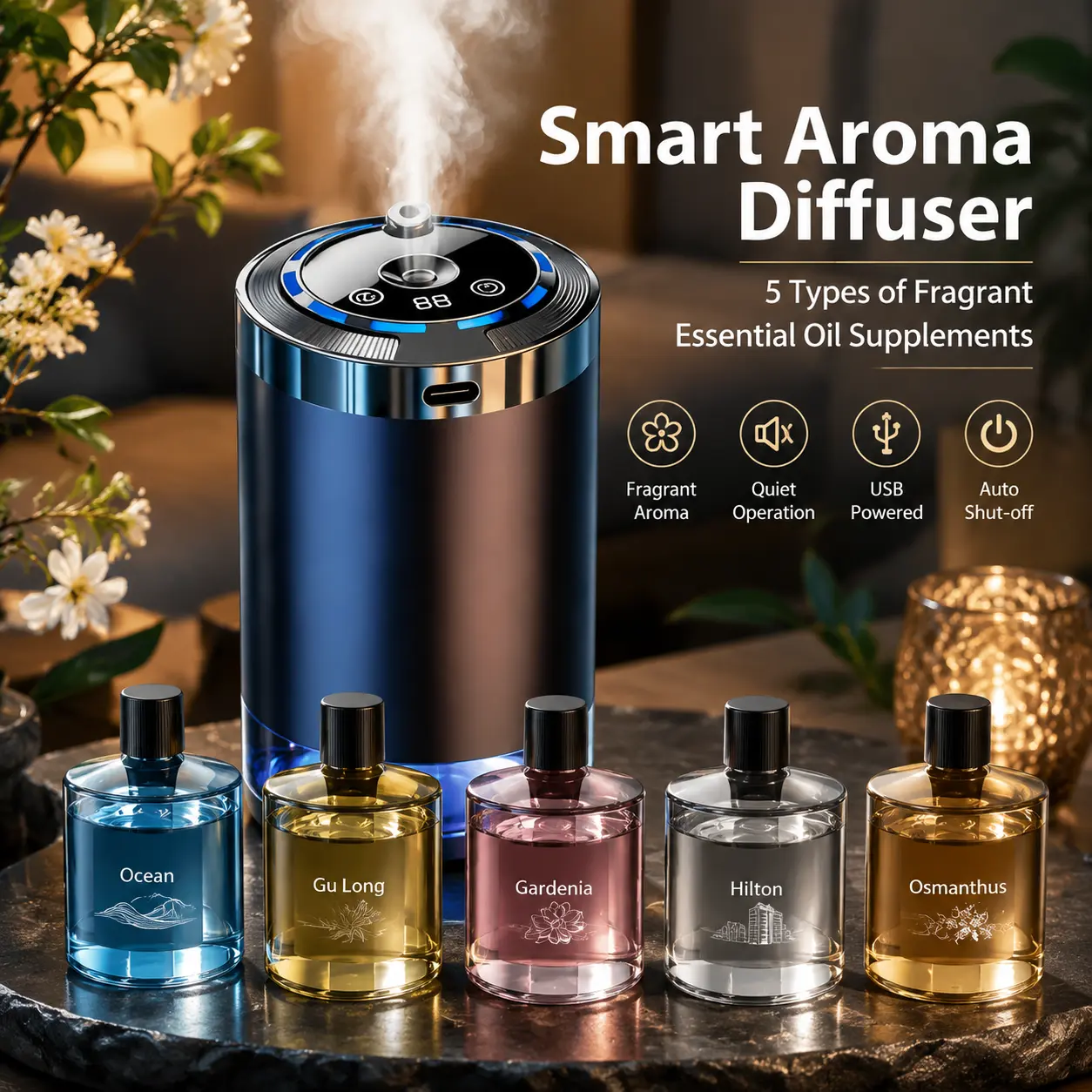 0.5L Compact Cup Holder Smart Aroma Diffuser Set - Aluminum Alloy Humidifier Aromatherapy Machine with 1 Essential Oil Bottle, 5-Mode Timed Automatic Spraying, Fragrance Control, Small Size Deodorizer for Car, Home